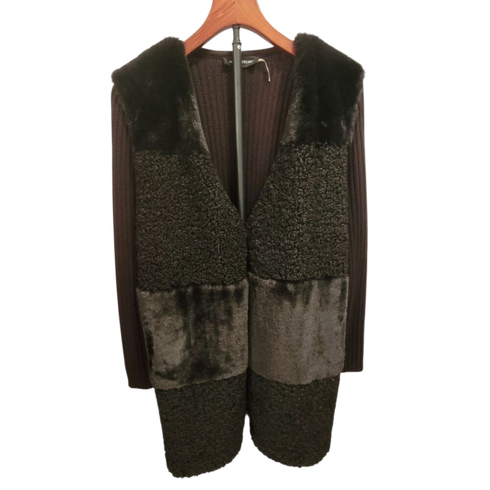 Mixed Media Faux Fur‎ & Heavy Ribbed Knit Black Statement 3rd Piece Coatigan L